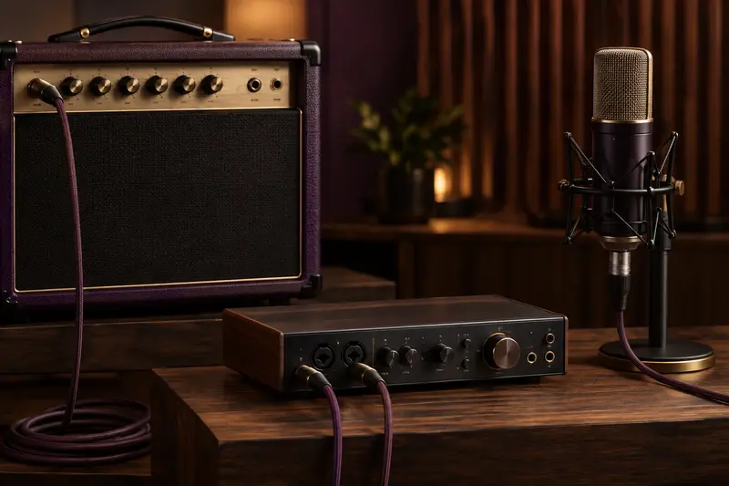 Amplificateur guitare, interface audio et microphone sur un espace de studio