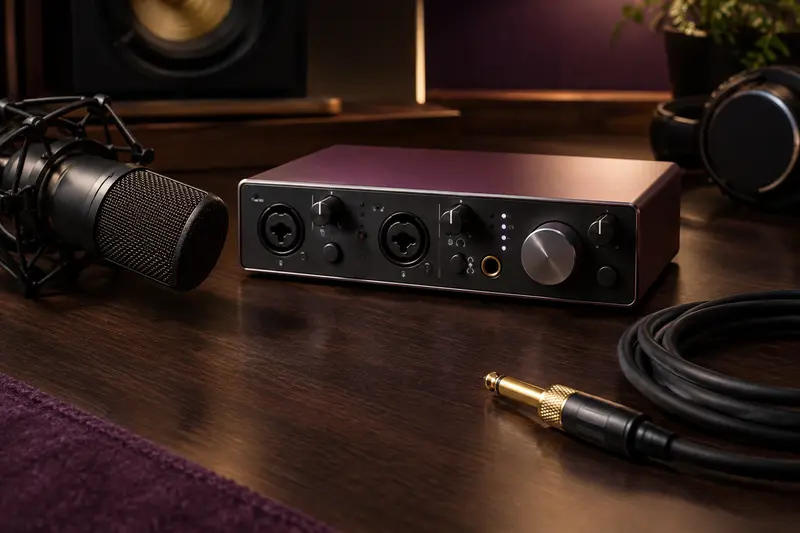 Interface audio avec entrées et sorties visibles sur un bureau de studio