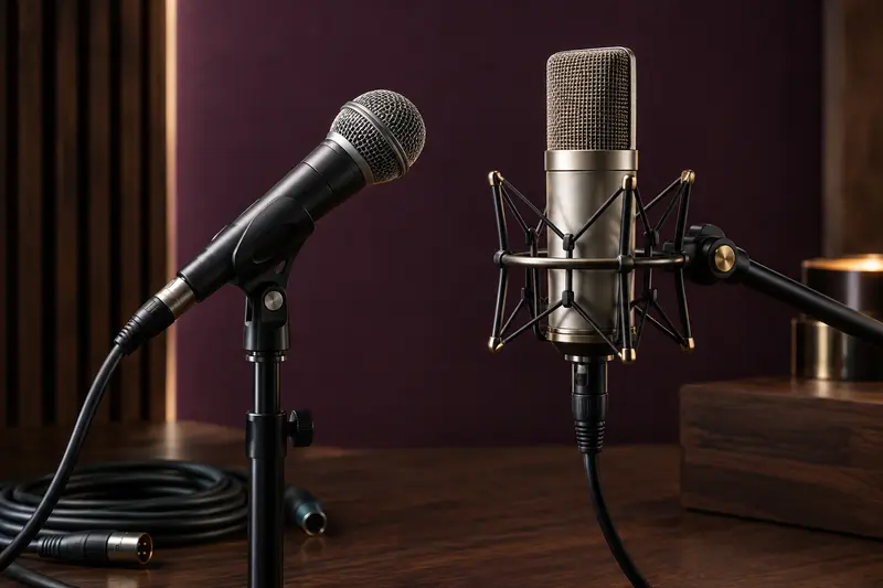 Microphone dynamique et microphone à condensateur sur supports de studio