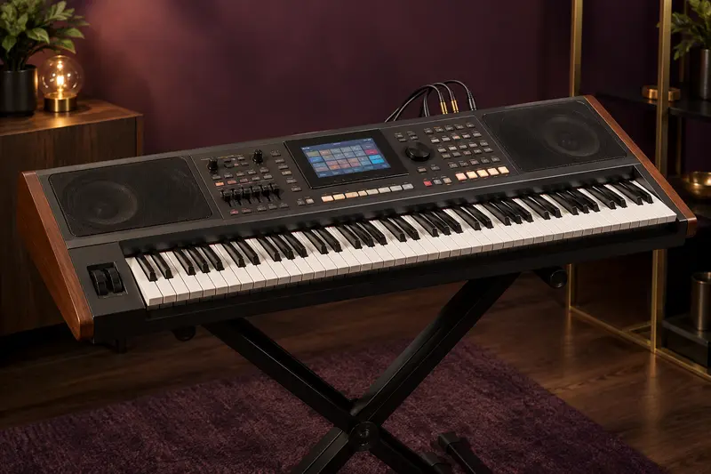 Clavier arrangeur sur pied avec écran et commandes de rythmes visibles