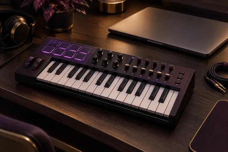 Contrôleur MIDI avec clavier, pads et faders sur un bureau de studio