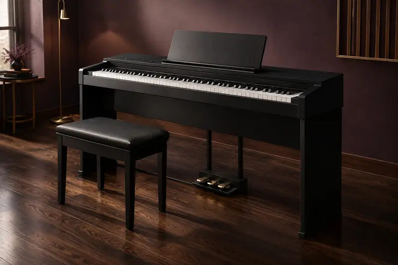 Piano numérique noir avec pupitre et pédale dans un intérieur sobre