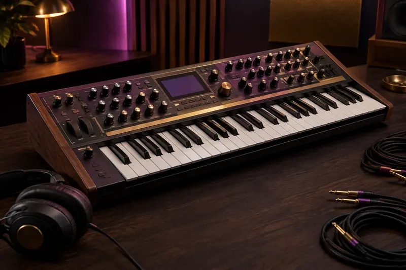 Synthétiseur à clavier avec molettes et commandes dans un studio sombre
