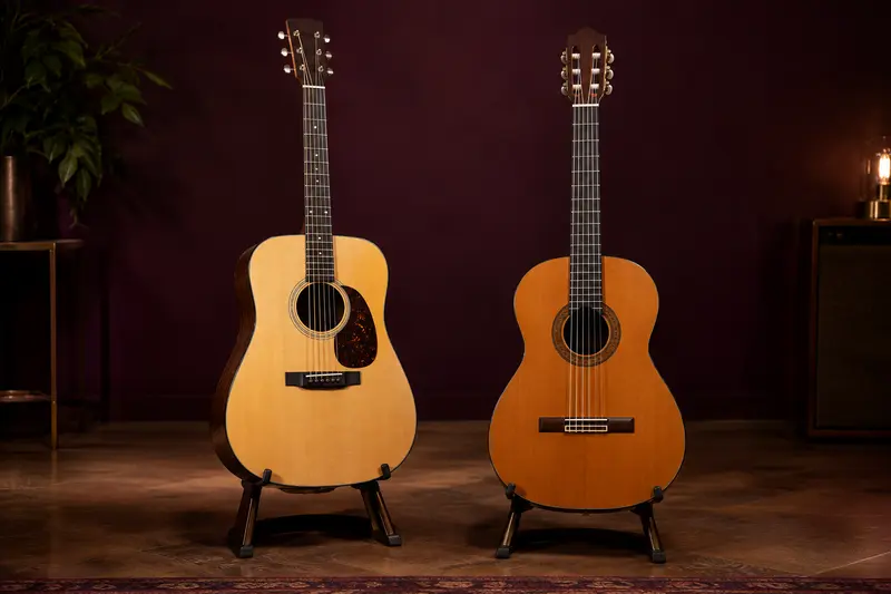 Guitare folk et guitare classique présentées côte à côte sur supports