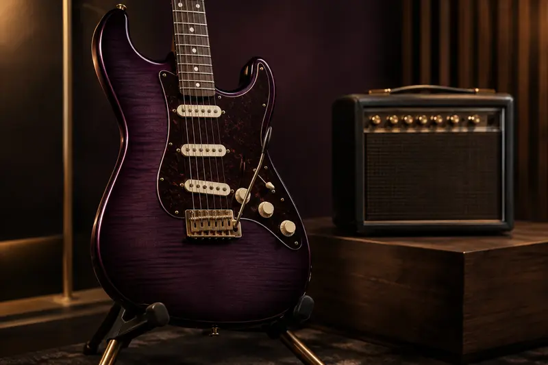 Guitare électrique sur support avec micros et chevalet bien visibles