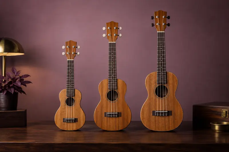 Ukulélés soprano, concert et ténor alignés sur une surface en bois