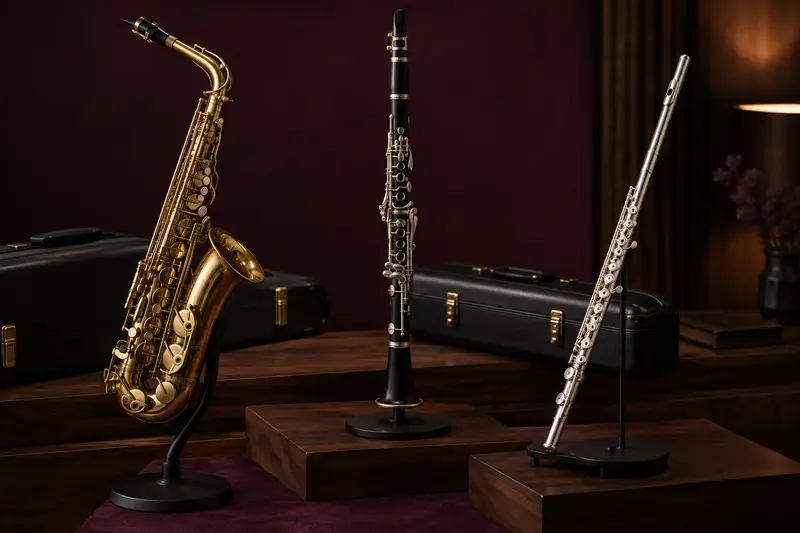 Saxophone, clarinette et flûte traversière présentés sur leurs supports