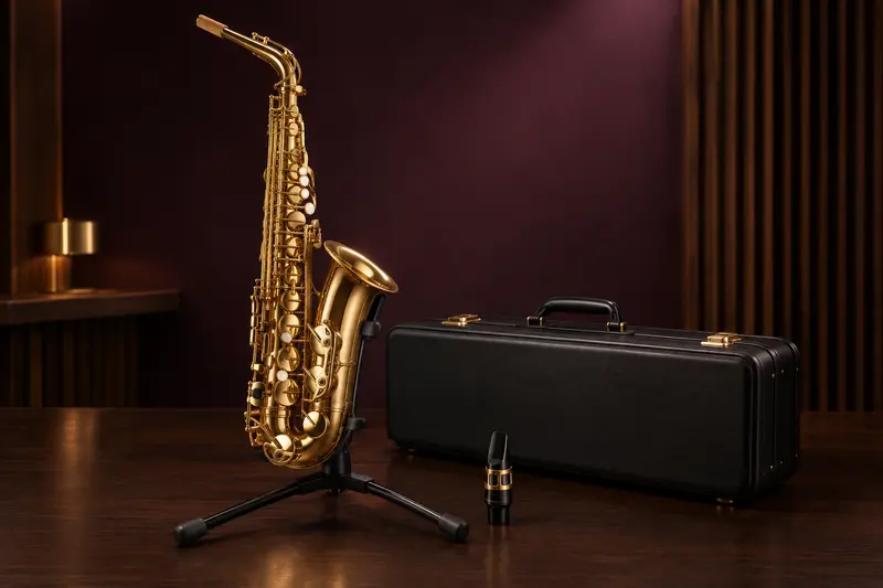 Saxophone alto doré sur support avec étui et bec à proximité