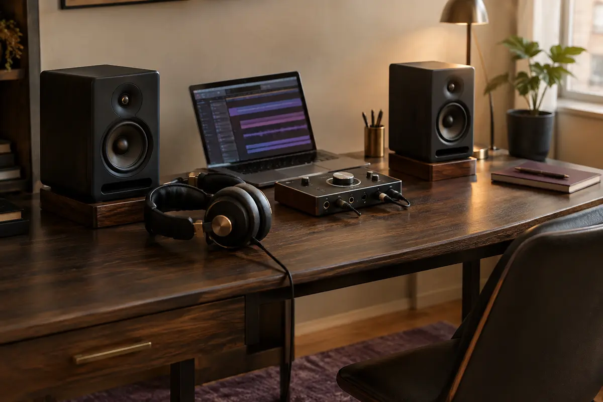 Casque de studio et enceintes de monitoring installés sur un bureau dans une pièce ordinaire à domicile