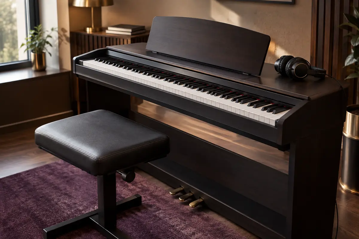 Piano numérique à touches lestées installé chez soi avec un casque et un tabouret de travail