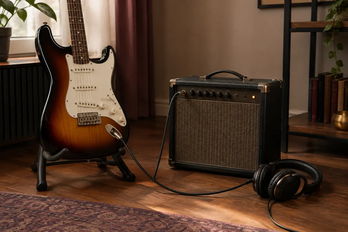 Guitare électrique reliée à un ampli compact avec un casque, dans un coin de pratique à domicile