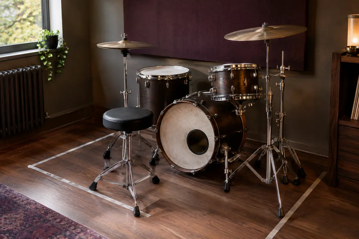 Batterie acoustique installée dans une petite pièce avec les pieds de cymbales et le passage dégagé