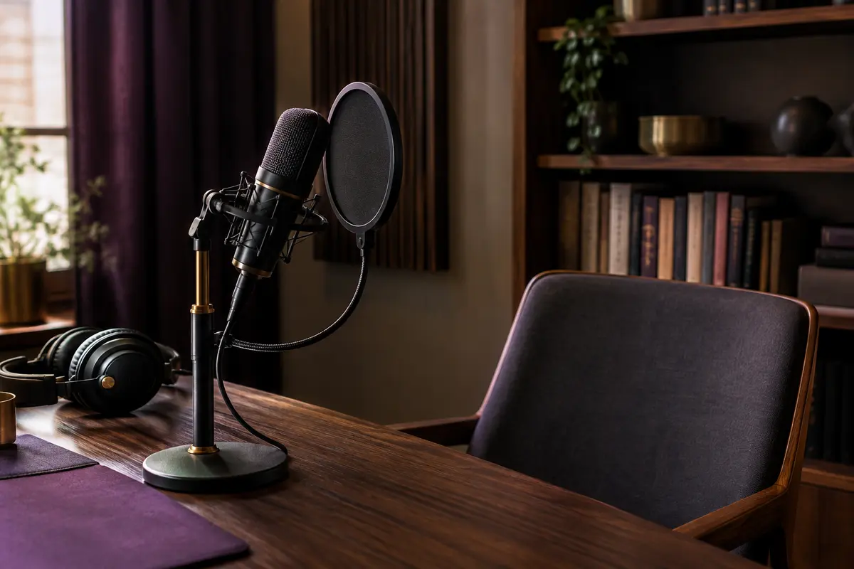 Microphone cardioïde sur pied devant une chaise vide dans une pièce aménagée pour enregistrer une voix.