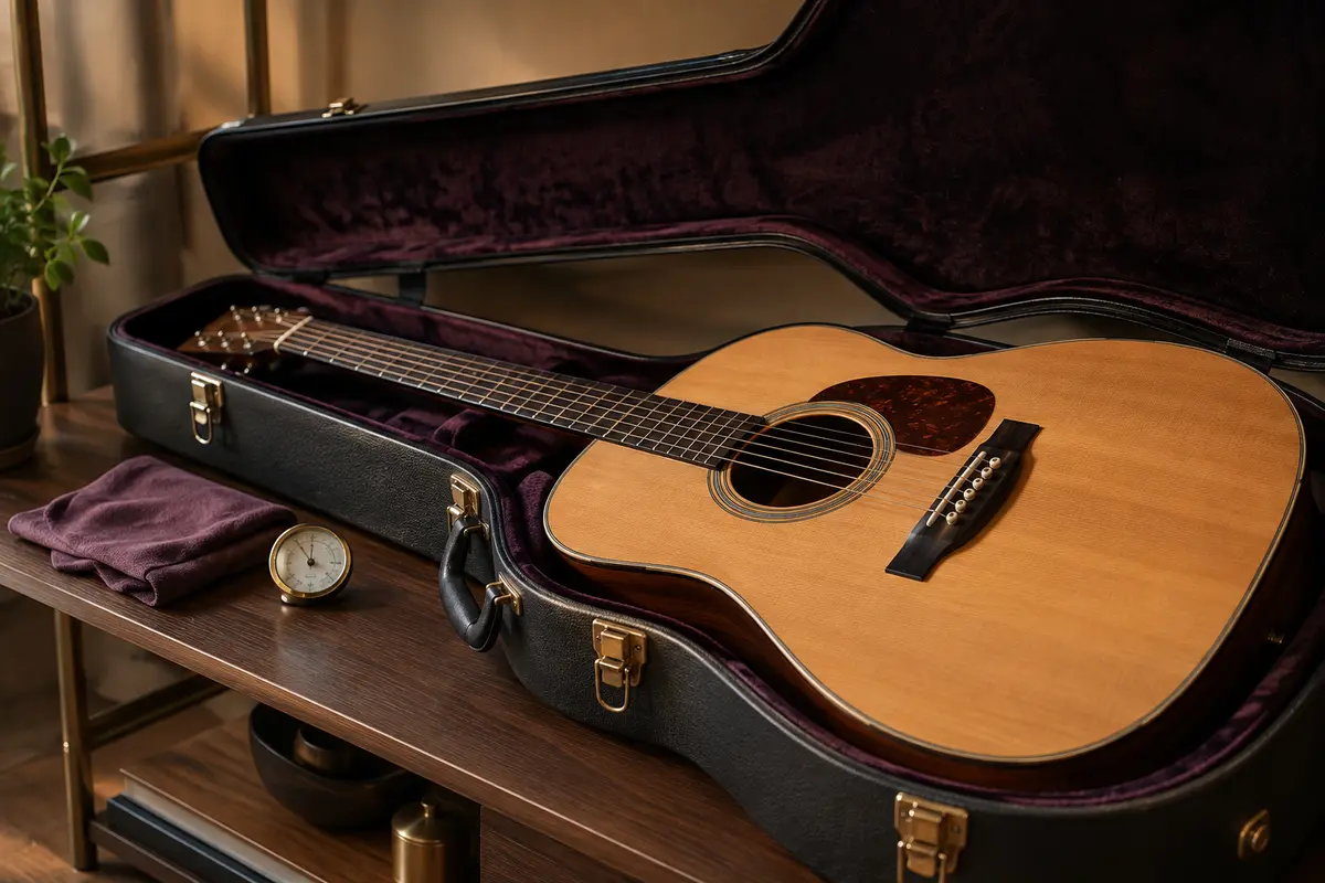 Guitare acoustique rangée près d’un étui, d’un chiffon doux et d’un hygromètre