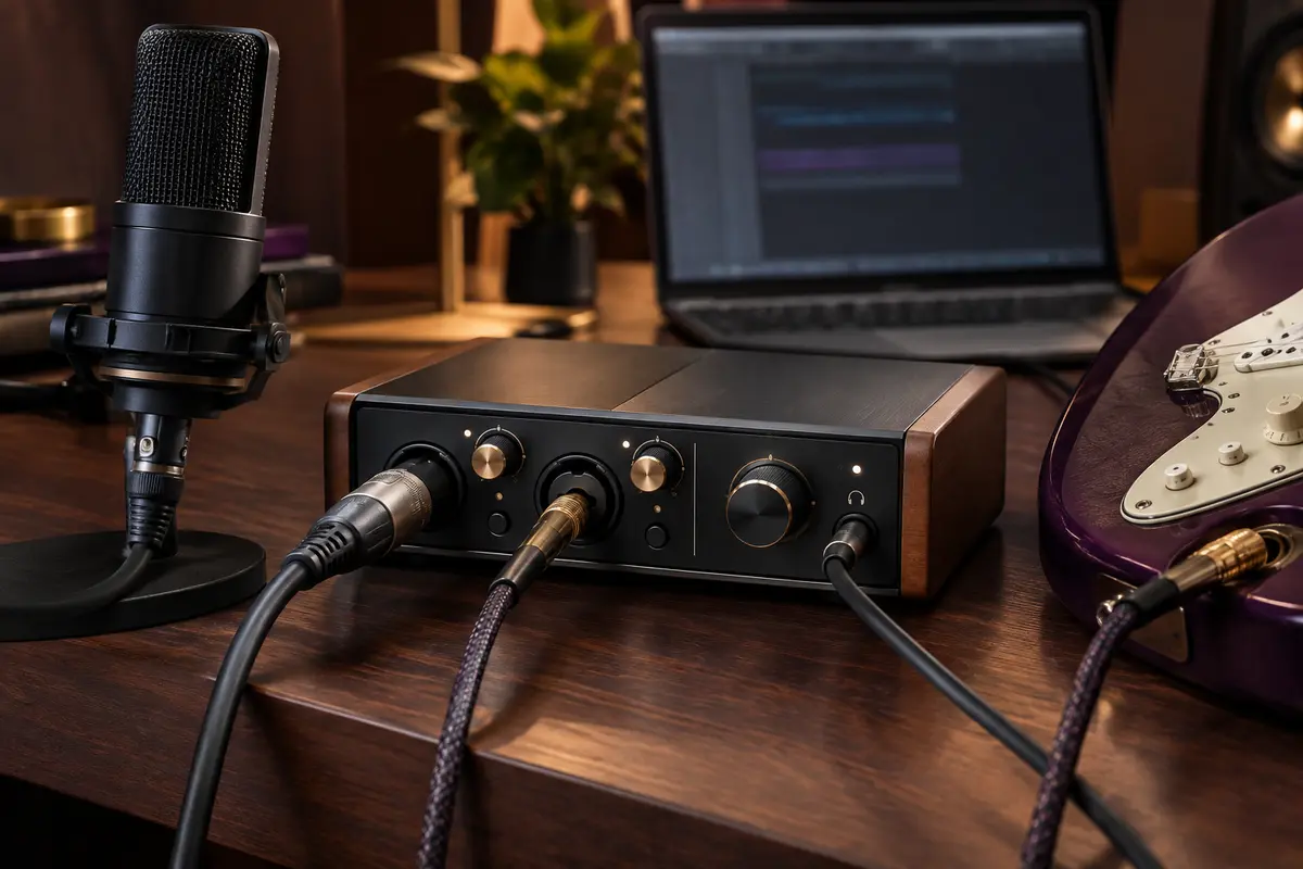 Interface audio reliée séparément à un microphone XLR et à une guitare électrique