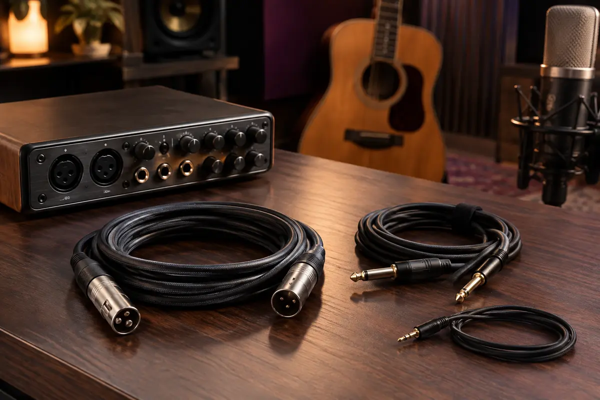 Interface audio et câbles jack, XLR et mini-jack disposés près d’une guitare et d’un microphone.