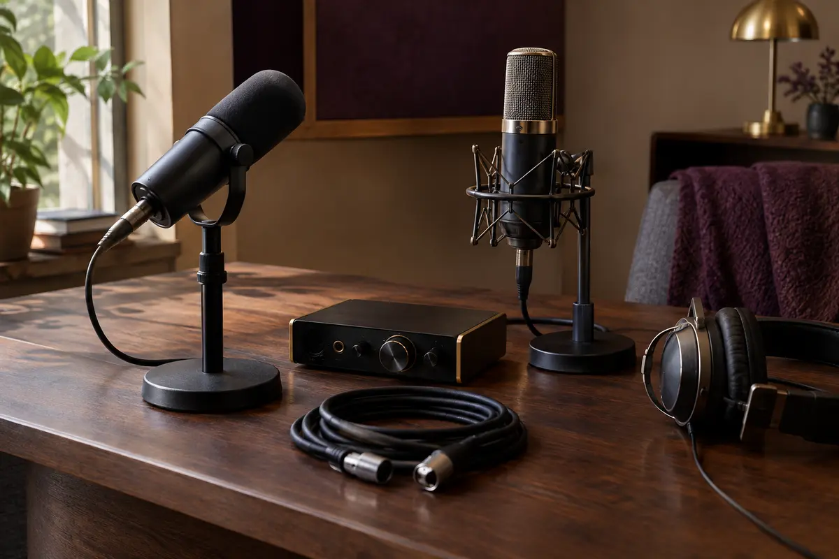 Deux microphones, une interface audio et un câble XLR dans un espace d’enregistrement à domicile