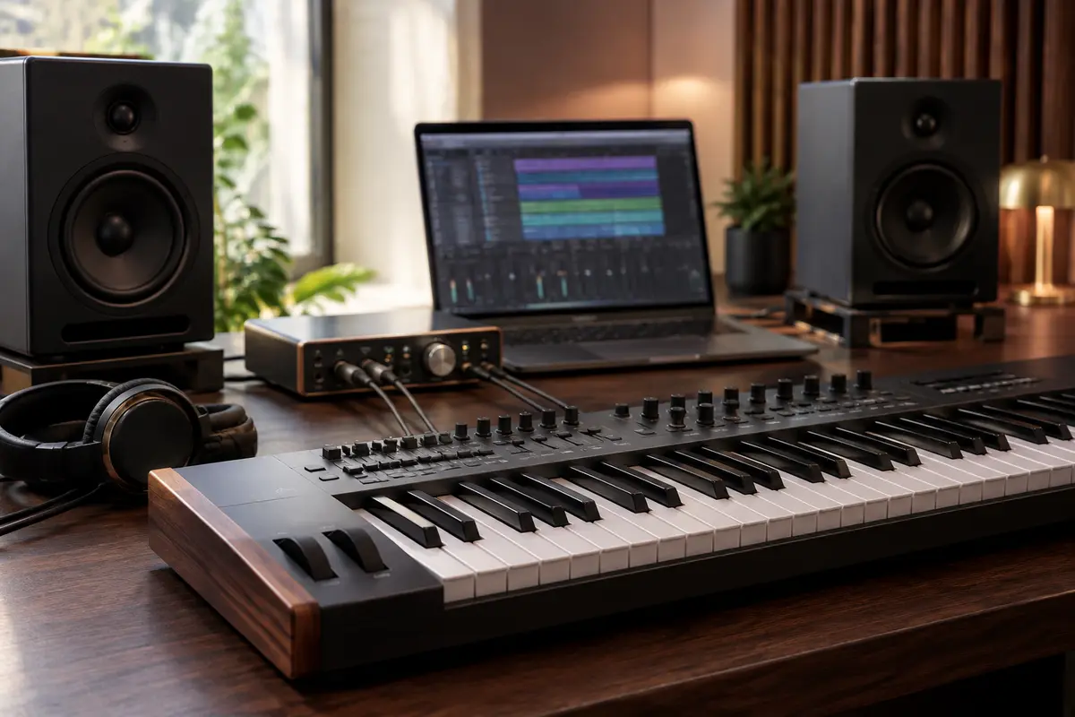 Clavier électronique relié à une interface audio et à un ordinateur dans un studio domestique.