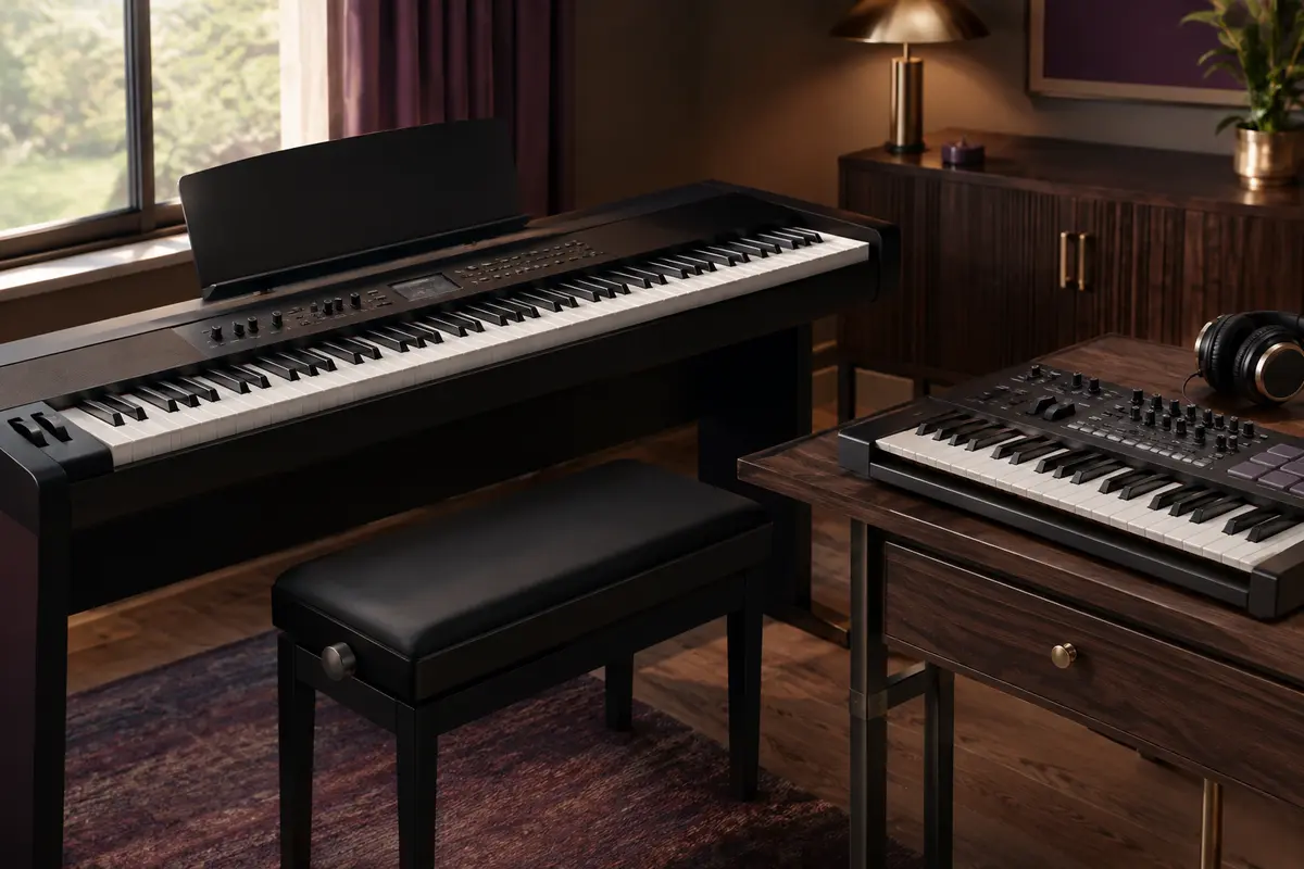 Piano numérique et clavier arrangeur côte à côte dans un espace de pratique à domicile