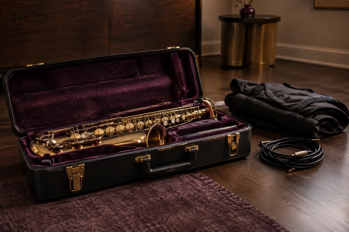 Instrument rangé dans son étui, à l’abri du soleil et d’une source de chaleur