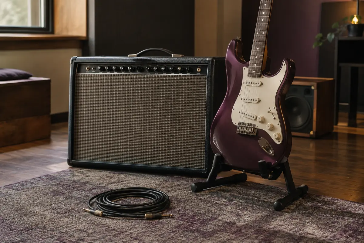 Ampli combo de guitare et instrument dans un espace de répétition sobre, avec un câble rangé.