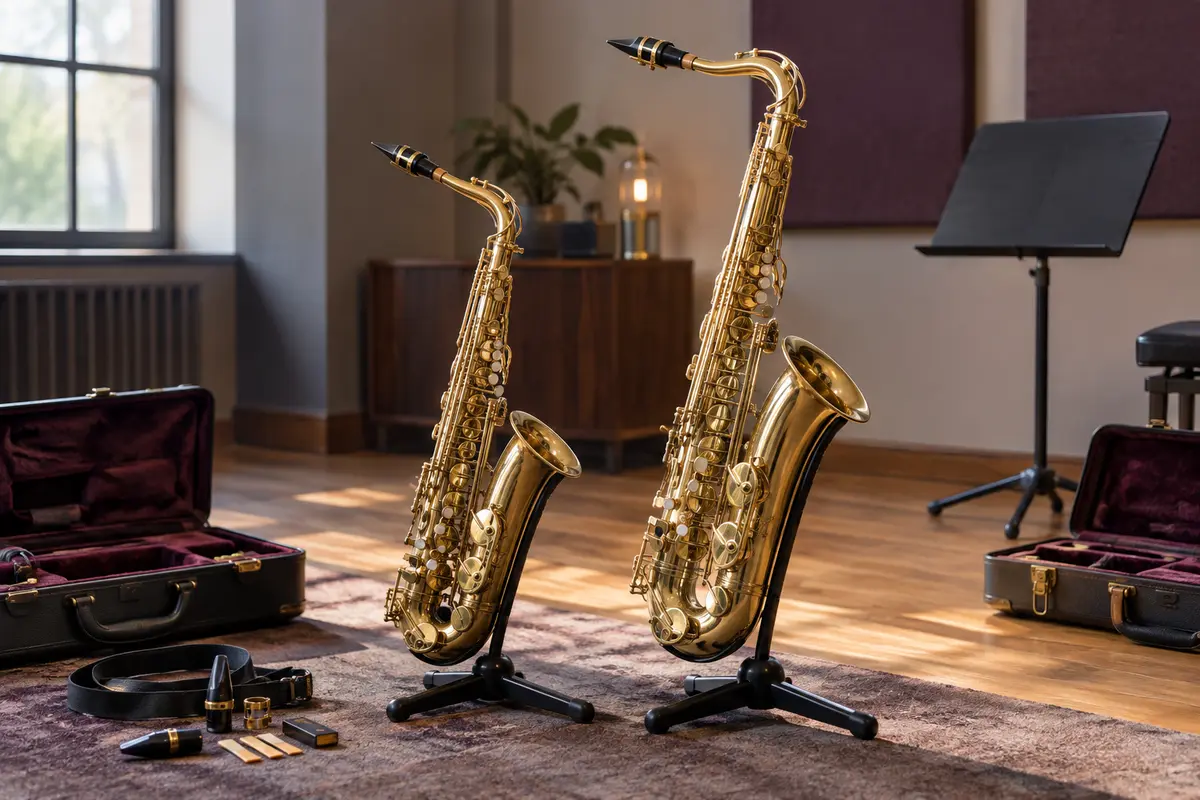 Un saxophone alto et un saxophone ténor côte à côte pour comparer leur taille et leur forme.