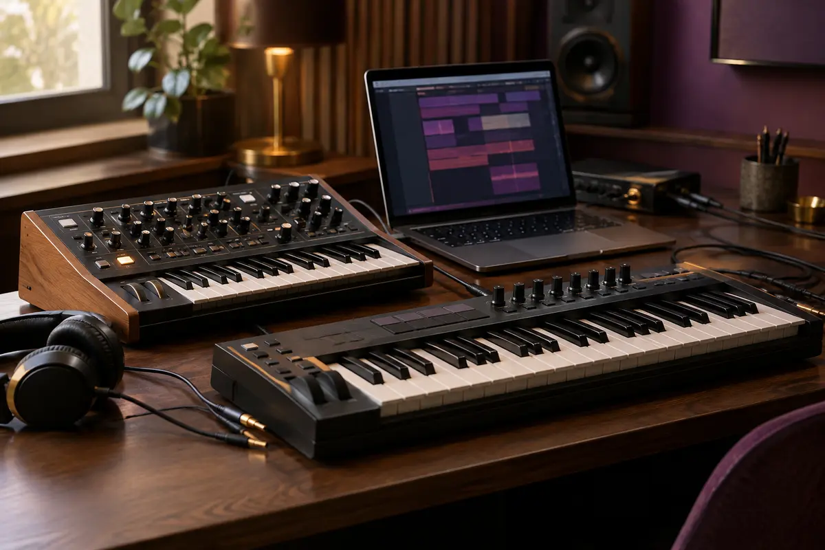 Synthétiseur et contrôleur MIDI côte à côte dans un studio de composition à domicile