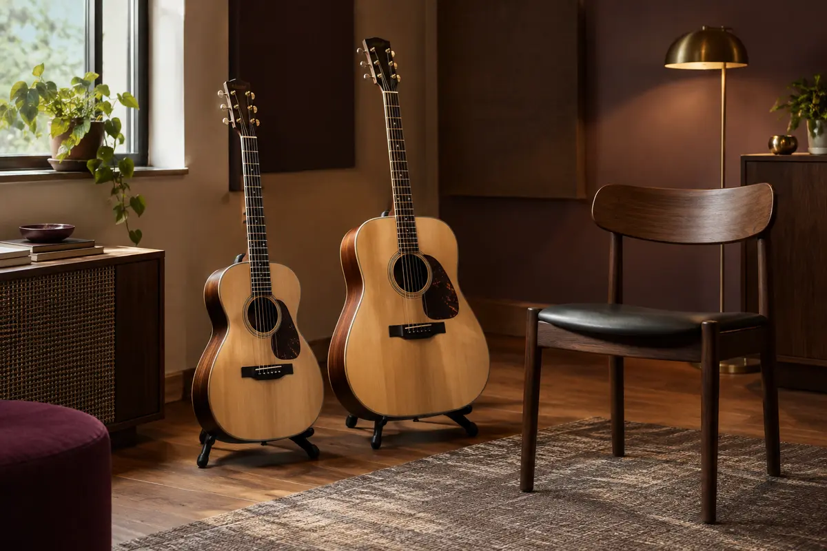 Deux guitares acoustiques de formats différents dans un espace de pratique aménagé à la maison.