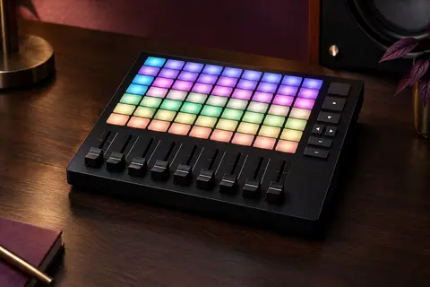 Contrôleur MIDI noir APC Mini MK2 avec matrice de pads RGB et neuf faders, posé sur un support en bois sombre