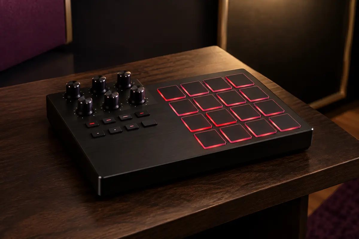 Contrôleur MIDI Akai MPD218 noir avec 16 pads rouges et potentiomètres sur un support en bois sombre