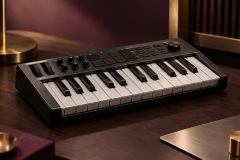 Clavier MIDI noir compact à 25 mini-touches, posé sur un support en bois sombre dans un studio.