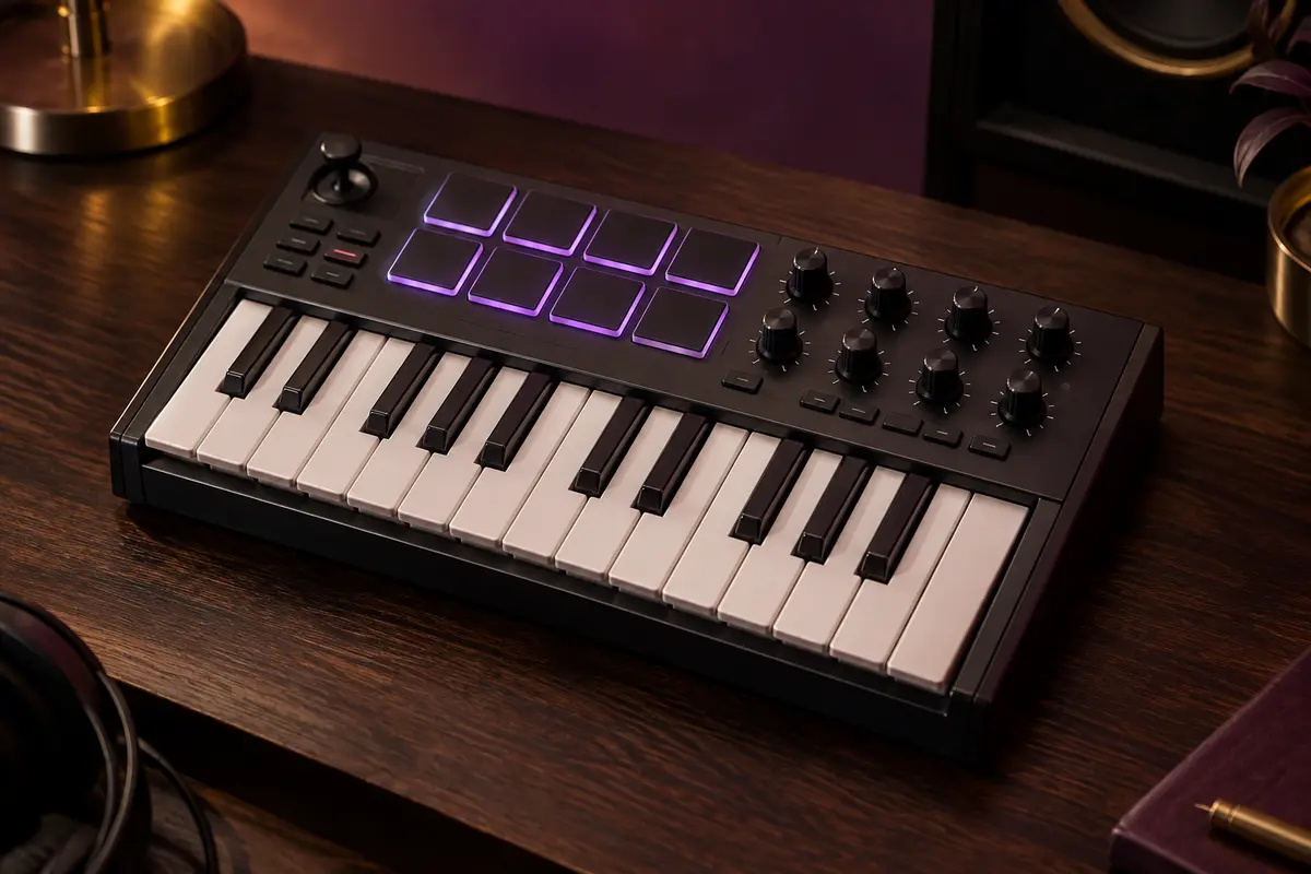 Contrôleur MIDI compact avec 25 mini-touches, huit pads rétroéclairés, joystick et huit potentiomètres.