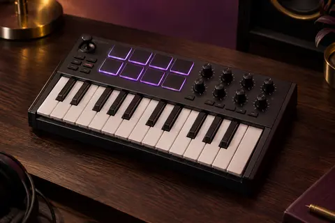 Contrôleur MIDI compact avec 25 mini-touches, huit pads rétroéclairés, joystick et huit potentiomètres.