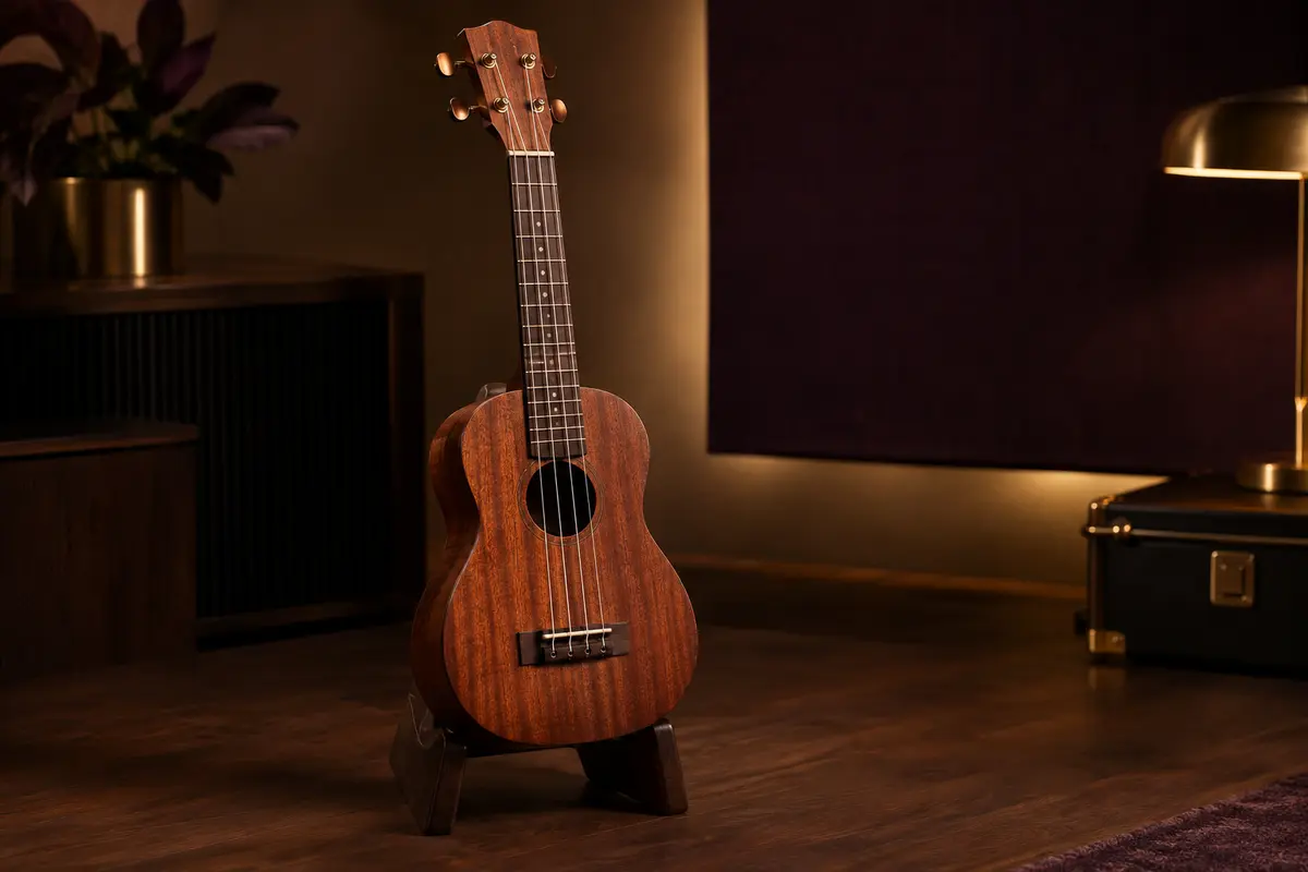 Ukulélé concert acoustique en acajou posé sur un support en bois sombre, éclairé dans un décor chaleureux.