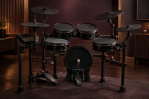 Batterie électronique noire avec pads maillés, cymbales et rack en acier dans un studio épuré.