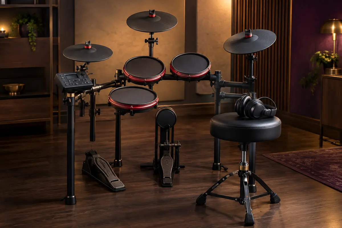 Batterie électronique Alesis Turbo Max rouge avec pads maillés, cymbales, module, rack et tabouret dans un studio