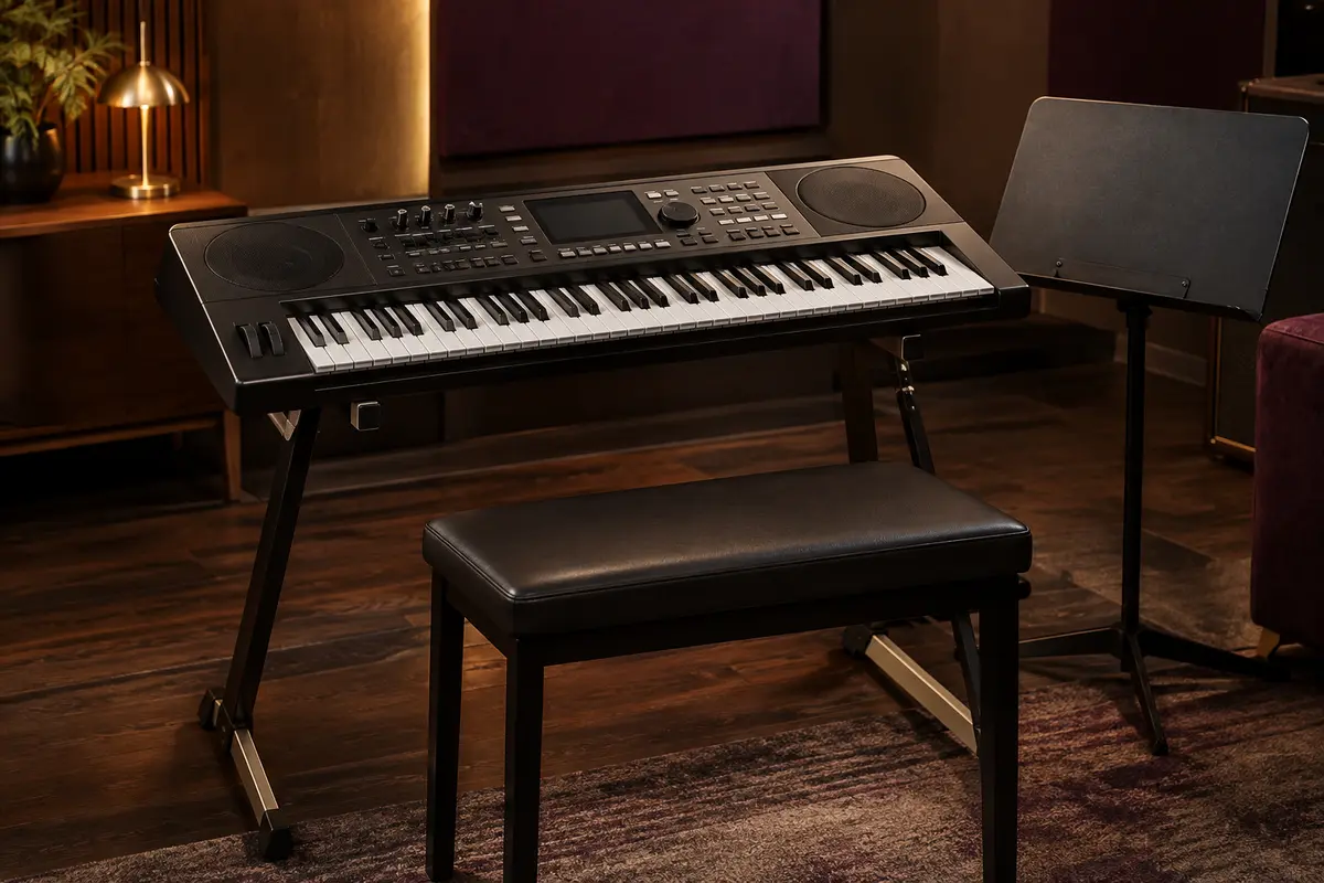 Clavier arrangeur noir à 61 touches sur son support, avec banc et pupitre dans un studio chaleureux.