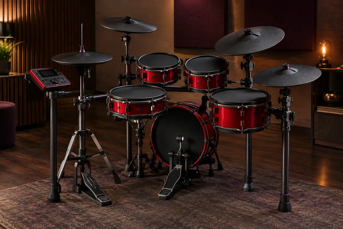 Batterie électronique rouge avec pads maillés, cymbales et charleston mobile dans un studio de répétition