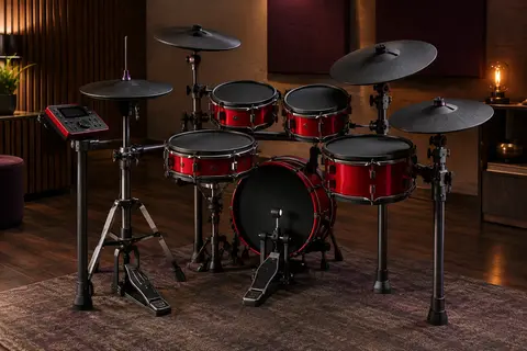 Batterie électronique rouge avec pads maillés, cymbales et charleston mobile dans un studio de répétition