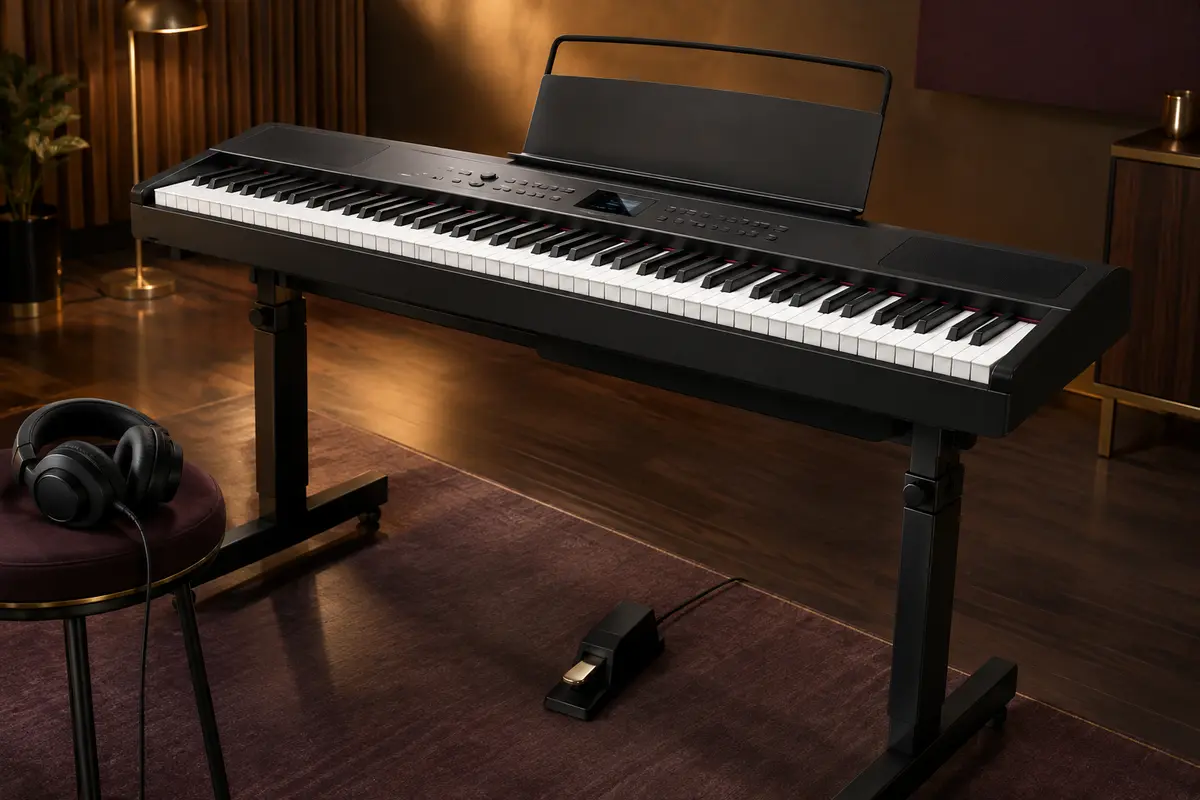 Clavier piano numérique noir de 88 touches installé sur son support, avec pupitre, casque et pédale de sustain