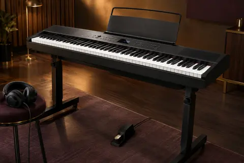 Clavier piano numérique noir de 88 touches installé sur son support, avec pupitre, casque et pédale de sustain