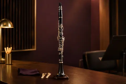 Clarinette soprano Andoer sombre en bakélite avec clés argentées, anches et chiffon sur un support en bois.