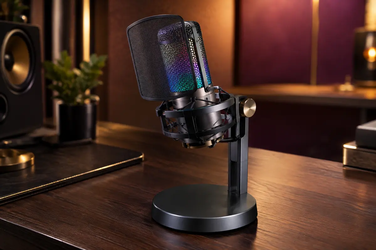 Microphone USB à condensateur sur support réglable, avec filtre à mailles et éclairage RGB doux