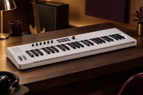 Contrôleur MIDI Arturia blanc de 49 touches posé sur un support en bois sombre dans un studio épuré