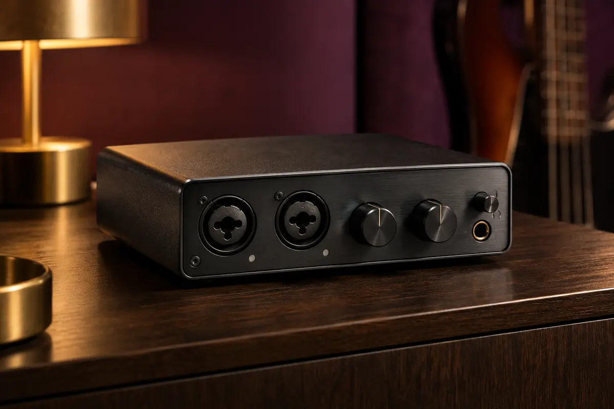 Interface audio USB compacte noire présentée seule sur un support en bois sombre dans un studio