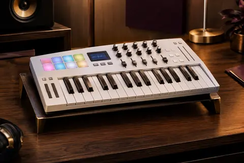 Contrôleur MIDI blanc avec 25 mini-touches, pads rétroéclairés, encodeurs et faders dans un studio soigné.