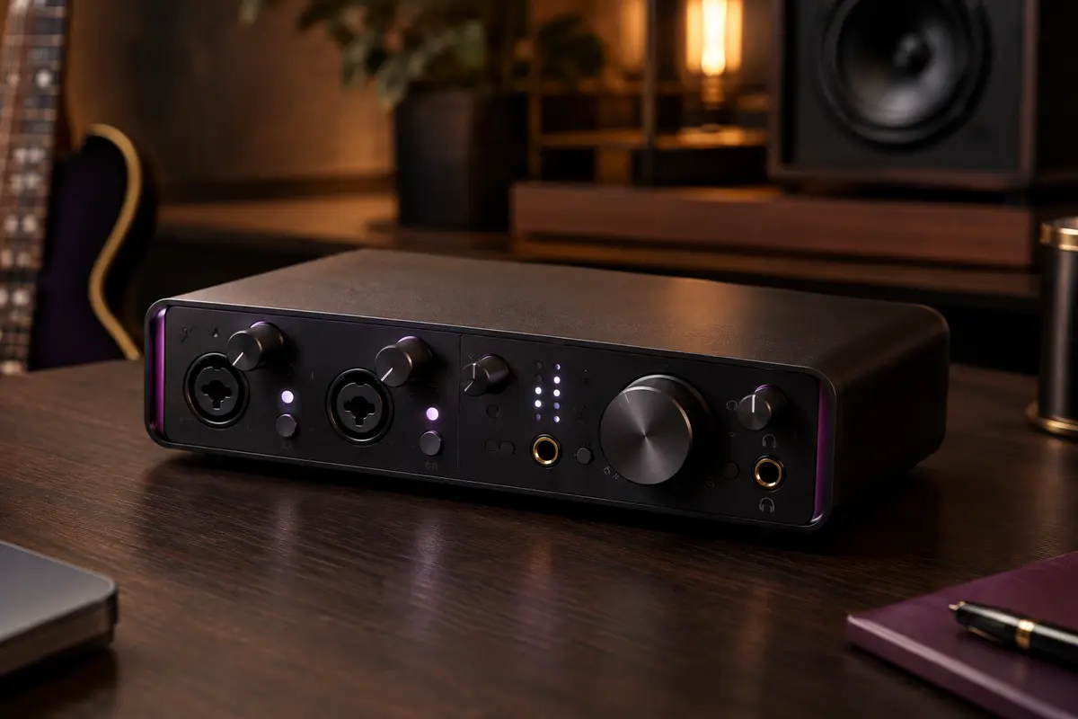 Interface audio Behringer UM2 noire posée sur un support en bois sombre dans un studio soigné.