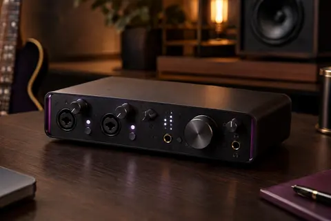 Interface audio Behringer UM2 noire posée sur un support en bois sombre dans un studio soigné.