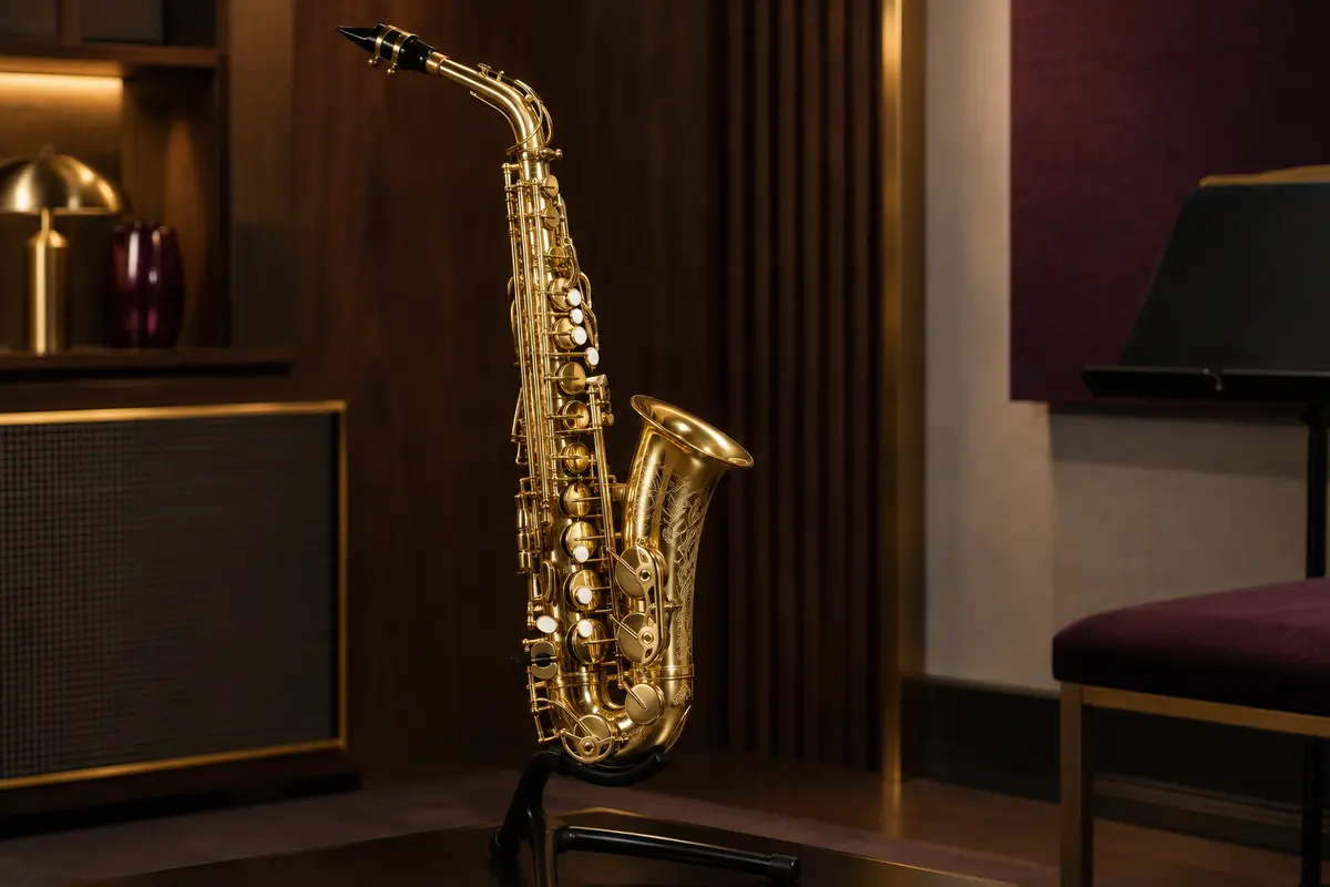 Saxophone alto en laiton brillant gravé, avec boutons en coquillage blanc naturel sur un support sombre.
