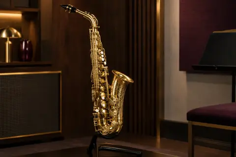 Saxophone alto en laiton brillant gravé, avec boutons en coquillage blanc naturel sur un support sombre.